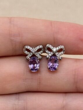 High Quality Lab Grown Bow Drop Purple Amethyst Gemstone S925 Silver Earrings